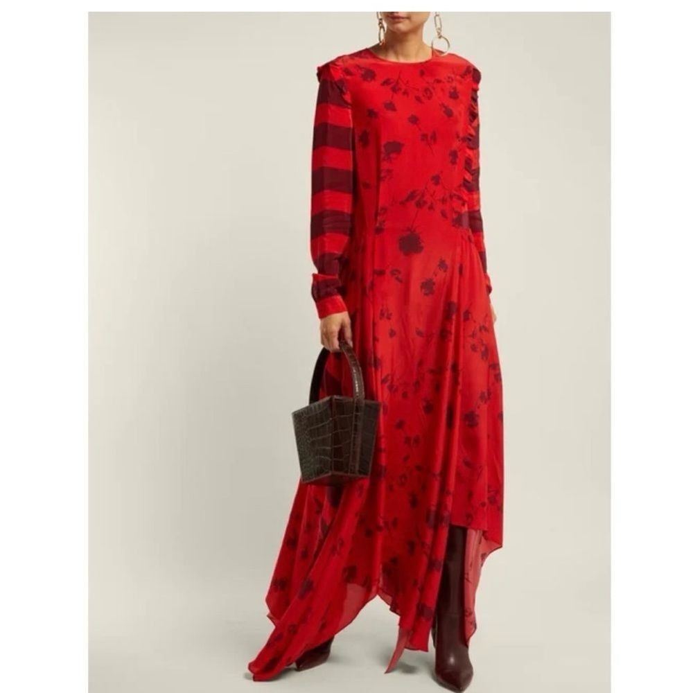 Preen Line by Thornton Bregazzi Silk Long Sleeve Floral/Stripe Print Maxi Dress